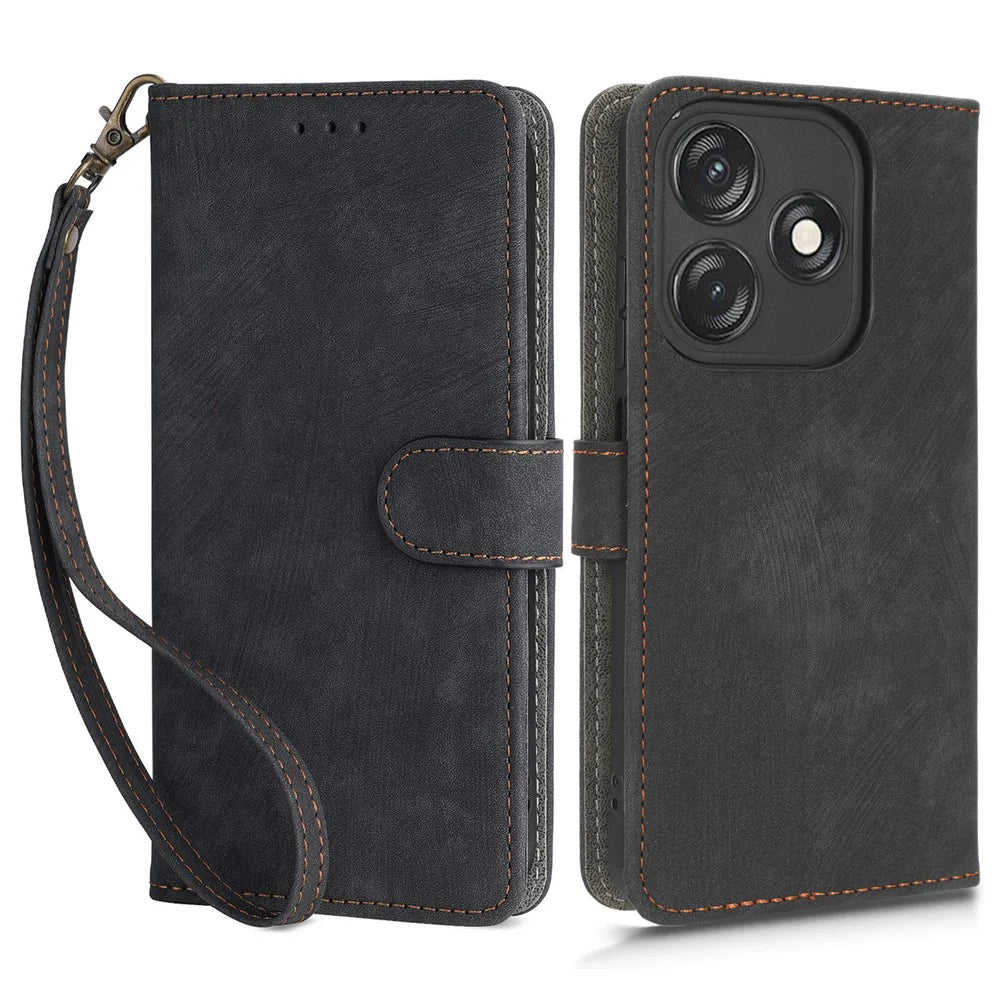 For TECNO Spark 10C RFID Blocking Wallet Cover Phone Stand Case PU Leather Shell with Strap - Black - 1