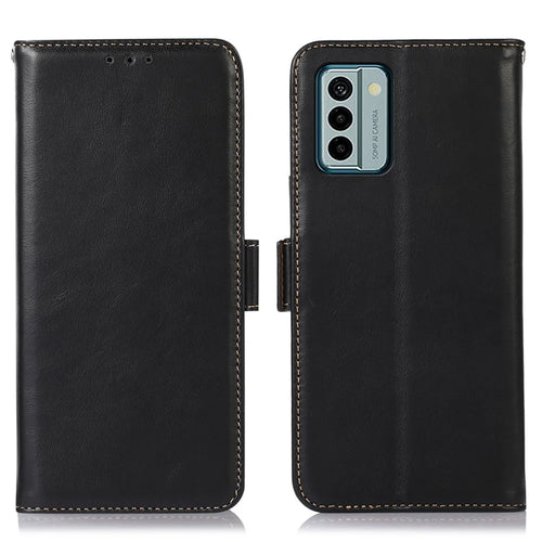 For Nokia G22 Genuine Cowhide Leather Phone Case RFID Blocking Wallet Stand Cover - Black - 1