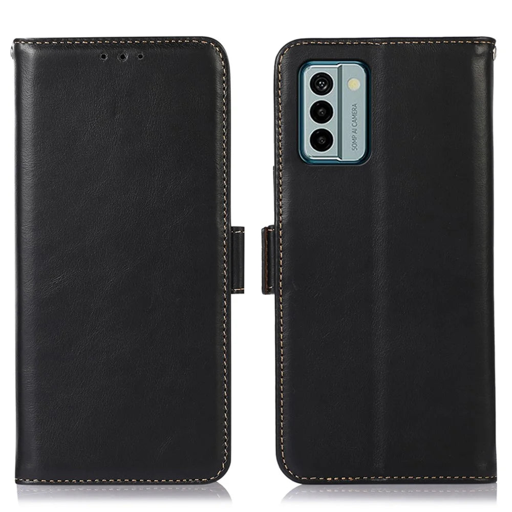 For Nokia G22 Genuine Cowhide Leather Phone Case RFID Blocking Wallet Stand Cover - Black - 1