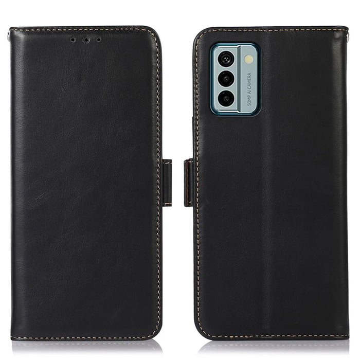 For Nokia G22 Genuine Cowhide Leather Phone Case RFID Blocking Wallet Stand Cover - Black - 1