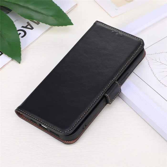 For Nokia G22 Genuine Cowhide Leather Phone Case RFID Blocking Wallet Stand Cover - Black - 7