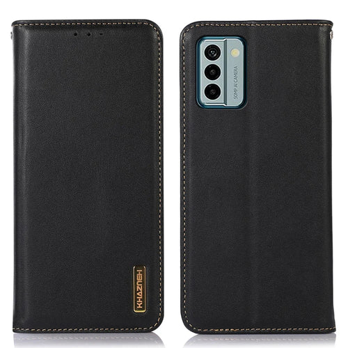 KHAZNEH For Nokia G22 Flip Stand Phone Case RFID Blocking Wallet Genuine Cow Leather Phone Cover - Black - 1