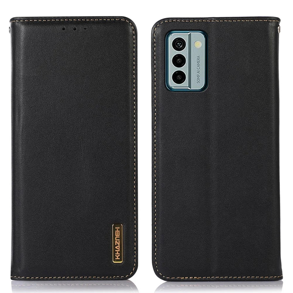 KHAZNEH For Nokia G22 Flip Stand Phone Case RFID Blocking Wallet Genuine Cow Leather Phone Cover - Black - 1