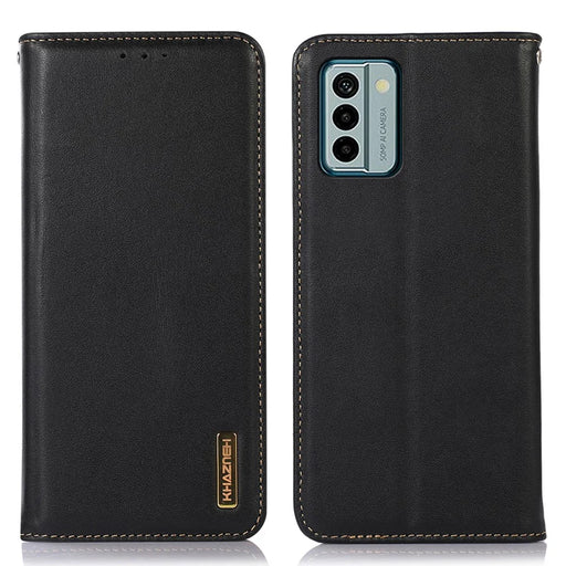 KHAZNEH For Nokia G22 Flip Stand Phone Case RFID Blocking Wallet Genuine Cow Leather Phone Cover - Black - 1