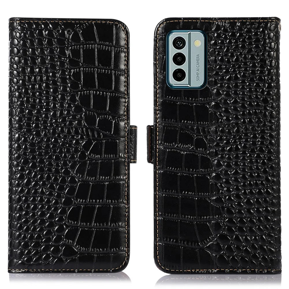 For Nokia G22 RFID Blocking Wallet Phone Case Crocodile Texture Genuine Cow Leather Stand Cover - Black - 1
