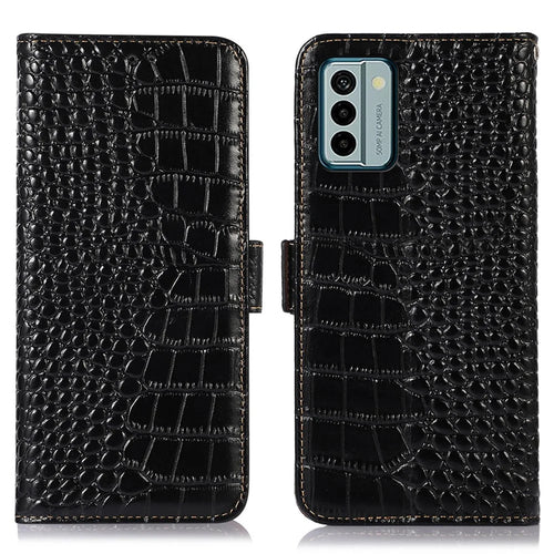 For Nokia G22 RFID Blocking Wallet Phone Case Crocodile Texture Genuine Cow Leather Stand Cover - Black - 1