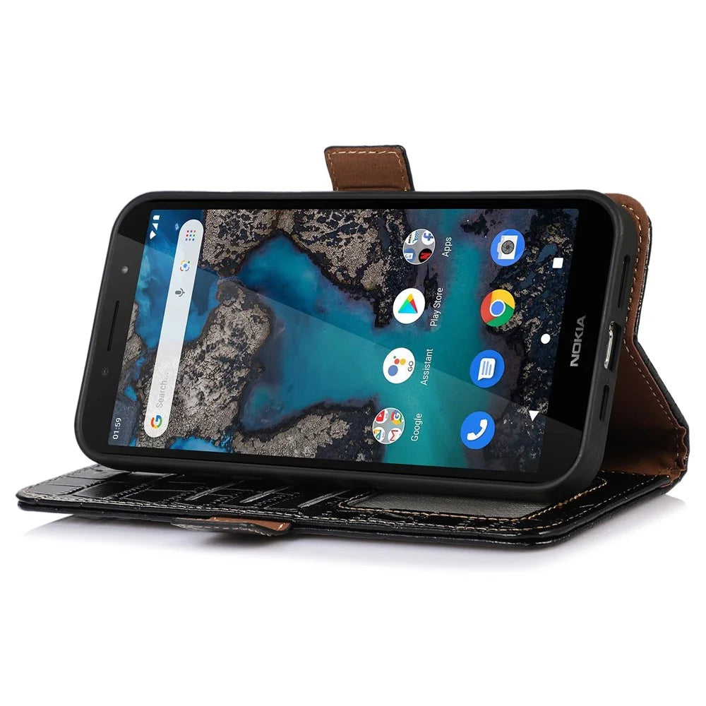 For Nokia G22 RFID Blocking Wallet Phone Case Crocodile Texture Genuine Cow Leather Stand Cover - Black - 3