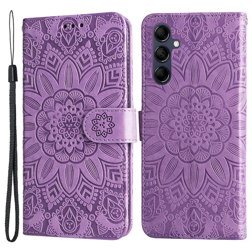 For Samsung Galaxy M14 5G Sunflower Imprinted Phone Wallet Case PU Leather Stand Cover with Strap - Purple - 1