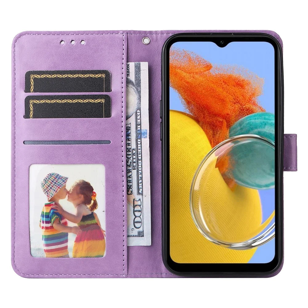 For Samsung Galaxy M14 5G Sunflower Imprinted Phone Wallet Case PU Leather Stand Cover with Strap - Purple - 2