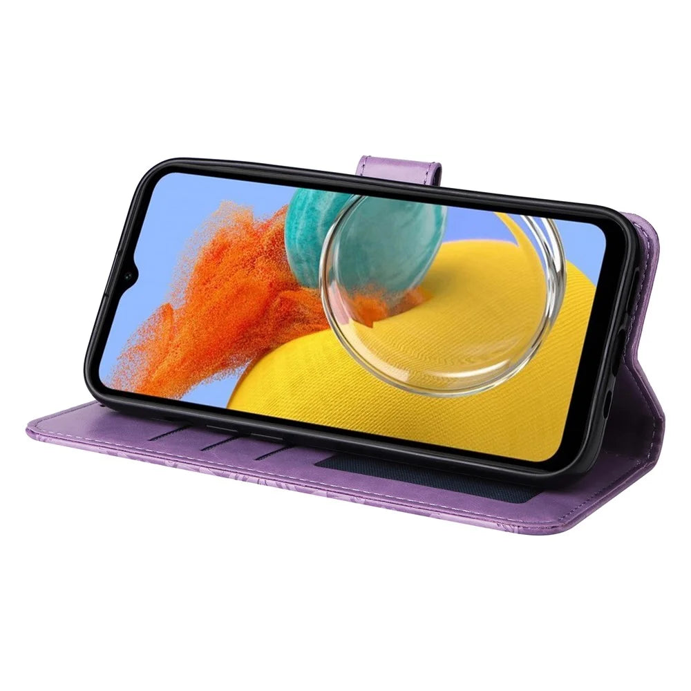 For Samsung Galaxy M14 5G Sunflower Imprinted Phone Wallet Case PU Leather Stand Cover with Strap - Purple - 4