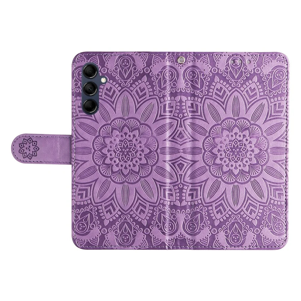 For Samsung Galaxy M14 5G Sunflower Imprinted Phone Wallet Case PU Leather Stand Cover with Strap - Purple - 5