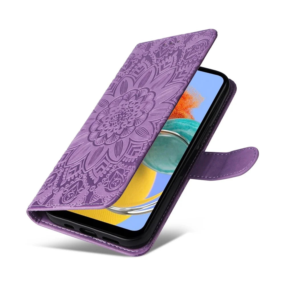 For Samsung Galaxy M14 5G Sunflower Imprinted Phone Wallet Case PU Leather Stand Cover with Strap - Purple - 7