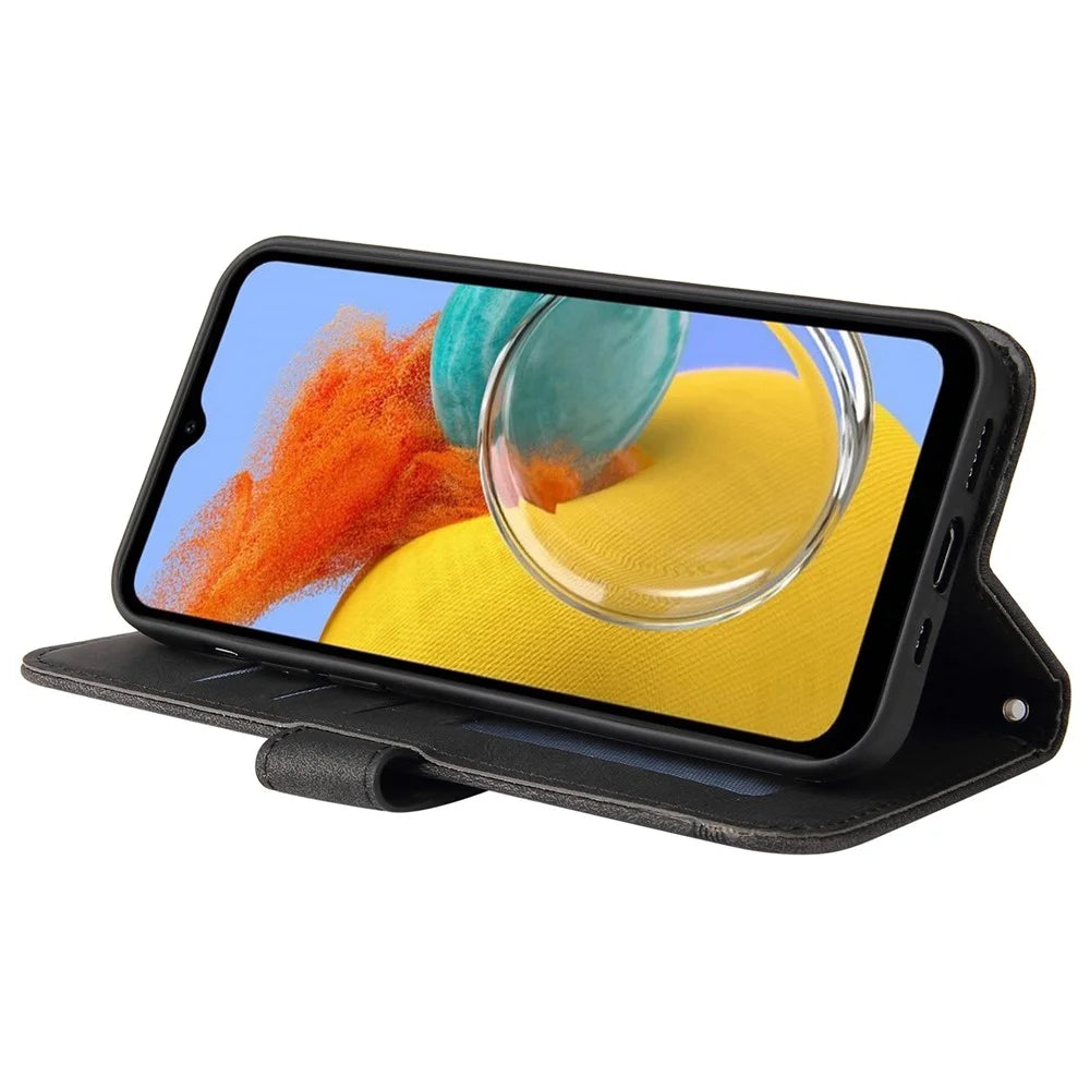 For Samsung Galaxy M14 5G Leather Wallet Cases Skin Touch Phone Cover Stand with Strap - Black - 3