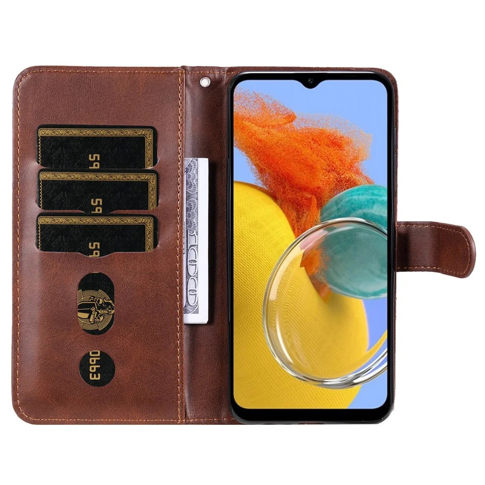 For Samsung Galaxy M14 5G PU Leather Case Zipper Pocket Calf Texture Stand Wallet Phone Cover - Brown - 2
