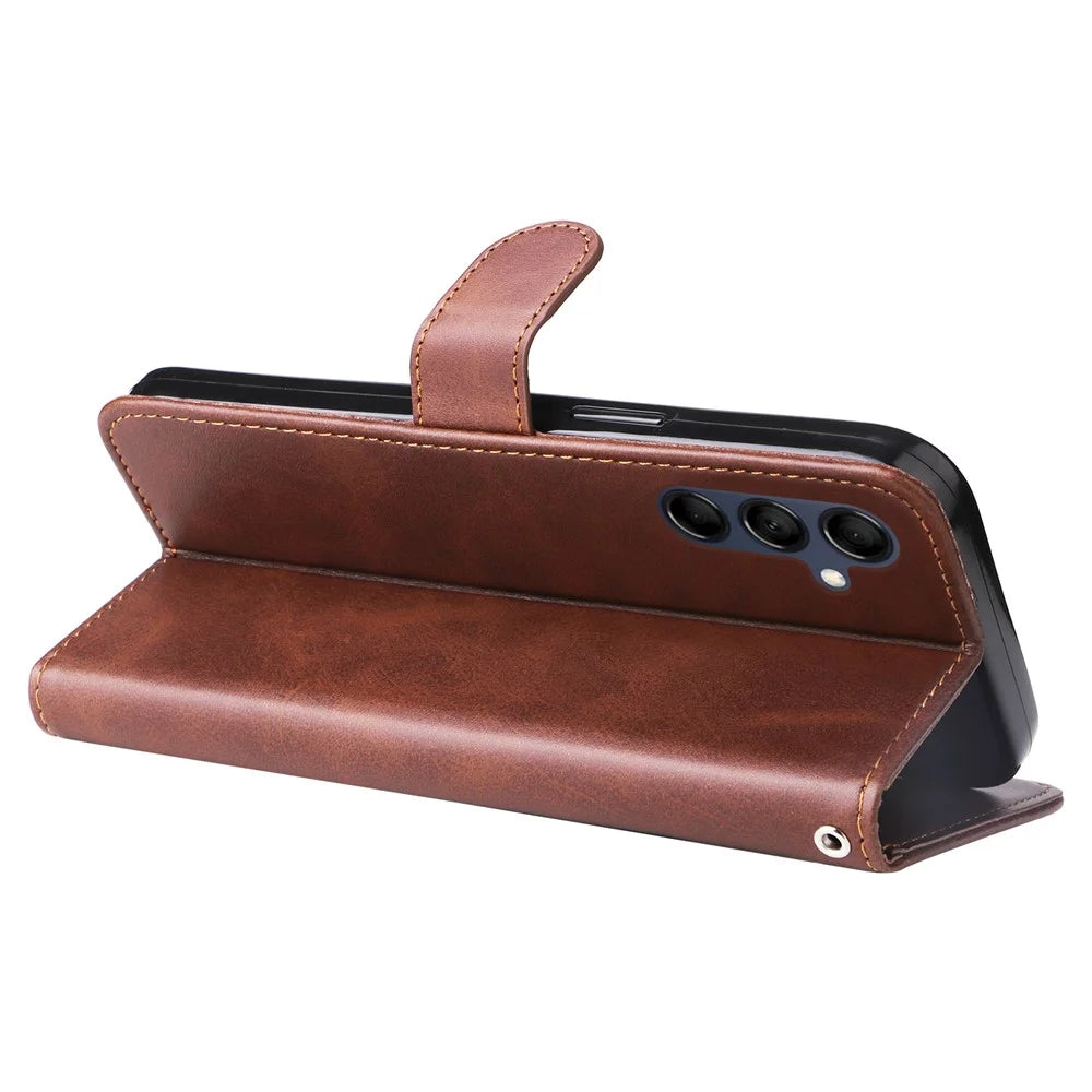 For Samsung Galaxy M14 5G PU Leather Case Zipper Pocket Calf Texture Stand Wallet Phone Cover - Brown - 3