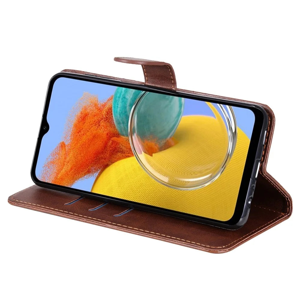 For Samsung Galaxy M14 5G PU Leather Case Zipper Pocket Calf Texture Stand Wallet Phone Cover - Brown - 4