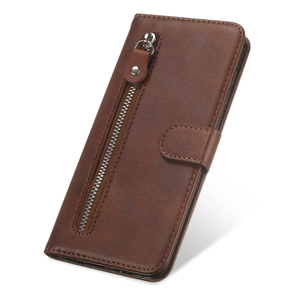 For Samsung Galaxy M14 5G PU Leather Case Zipper Pocket Calf Texture Stand Wallet Phone Cover - Brown - 6