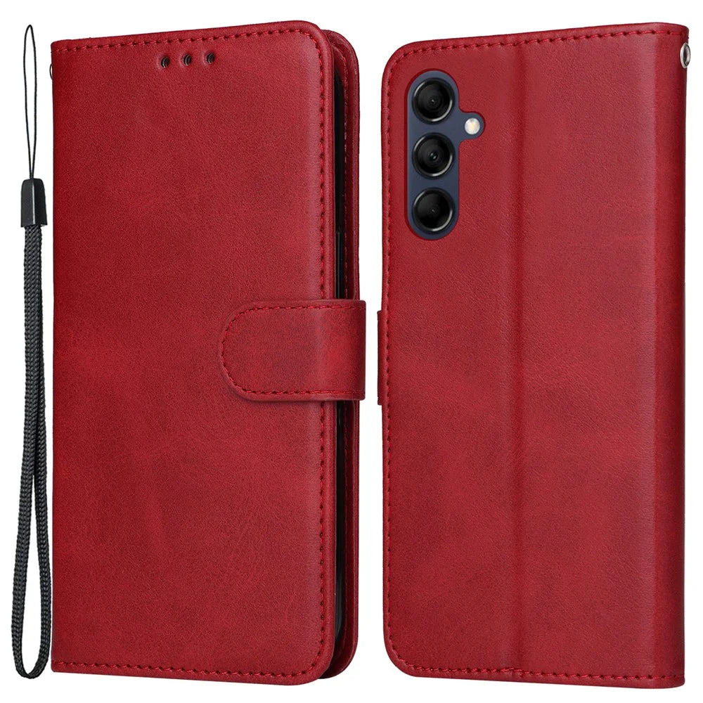 For Samsung Galaxy M14 5G Anti-Dust Phone Shell Calf Texture Stand Phone Case Leather Phone Cover with Strap - Red - 1