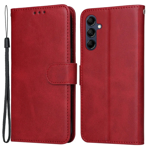 For Samsung Galaxy M14 5G Anti-Dust Phone Shell Calf Texture Stand Phone Case Leather Phone Cover with Strap - Red - 1
