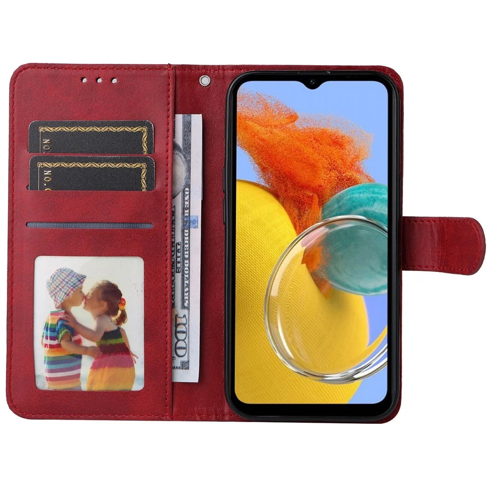 For Samsung Galaxy M14 5G Anti-Dust Phone Shell Calf Texture Stand Phone Case Leather Phone Cover with Strap - Red - 2