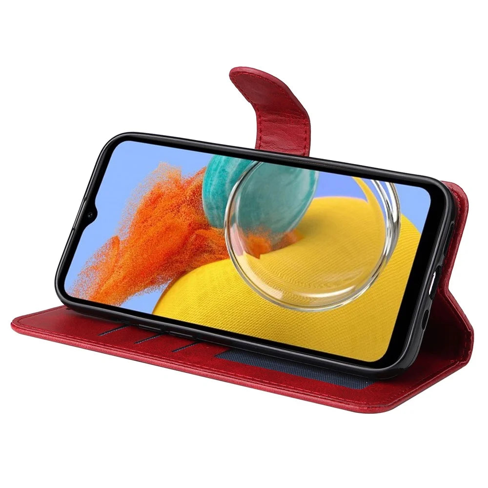 For Samsung Galaxy M14 5G Anti-Dust Phone Shell Calf Texture Stand Phone Case Leather Phone Cover with Strap - Red - 3