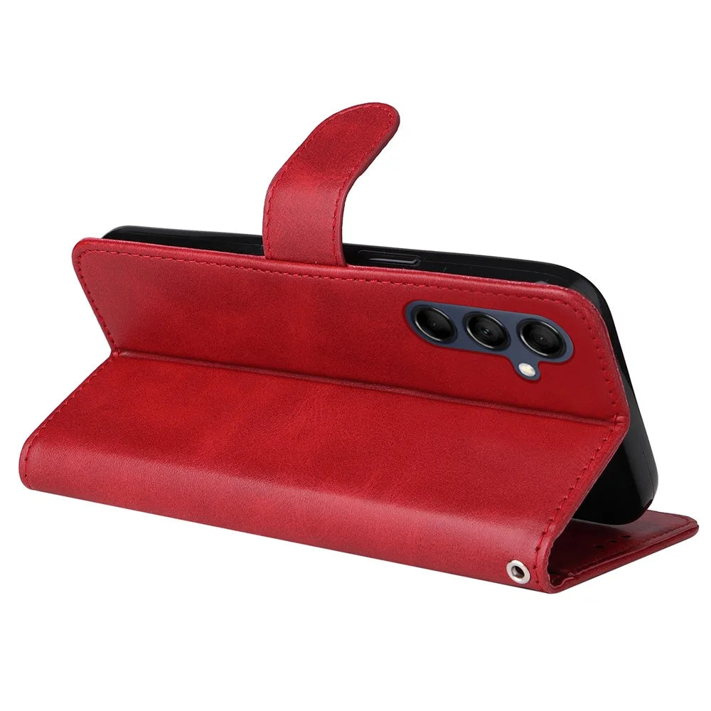For Samsung Galaxy M14 5G Anti-Dust Phone Shell Calf Texture Stand Phone Case Leather Phone Cover with Strap - Red - 4