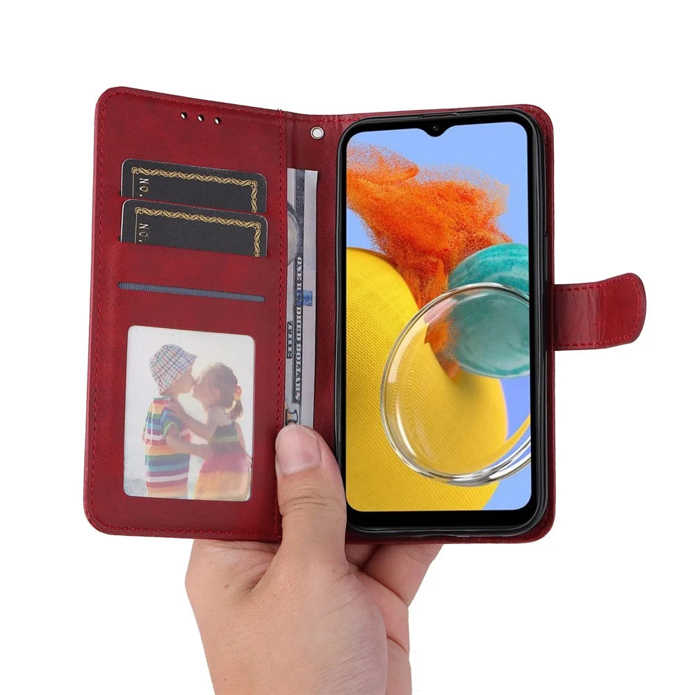 For Samsung Galaxy M14 5G Anti-Dust Phone Shell Calf Texture Stand Phone Case Leather Phone Cover with Strap - Red - 5