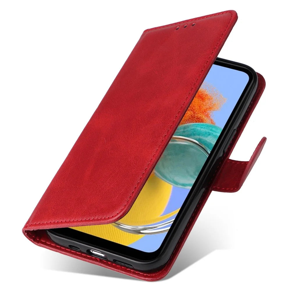 For Samsung Galaxy M14 5G Anti-Dust Phone Shell Calf Texture Stand Phone Case Leather Phone Cover with Strap - Red - 6