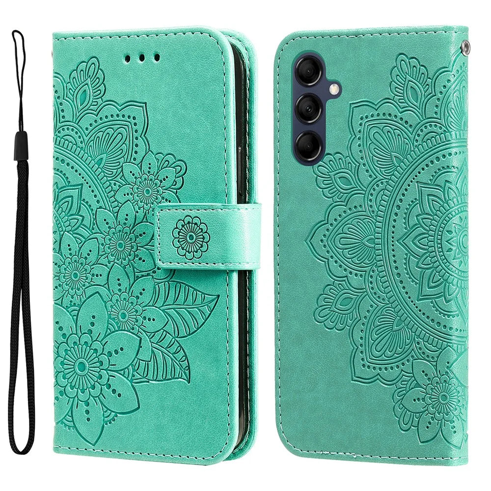 For Samsung Galaxy M14 5G Case Floral Pattern PU Leather Wallet Stand Phone Cover - Green - 1