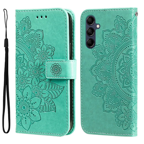 For Samsung Galaxy M14 5G Case Floral Pattern PU Leather Wallet Stand Phone Cover - Green - 1