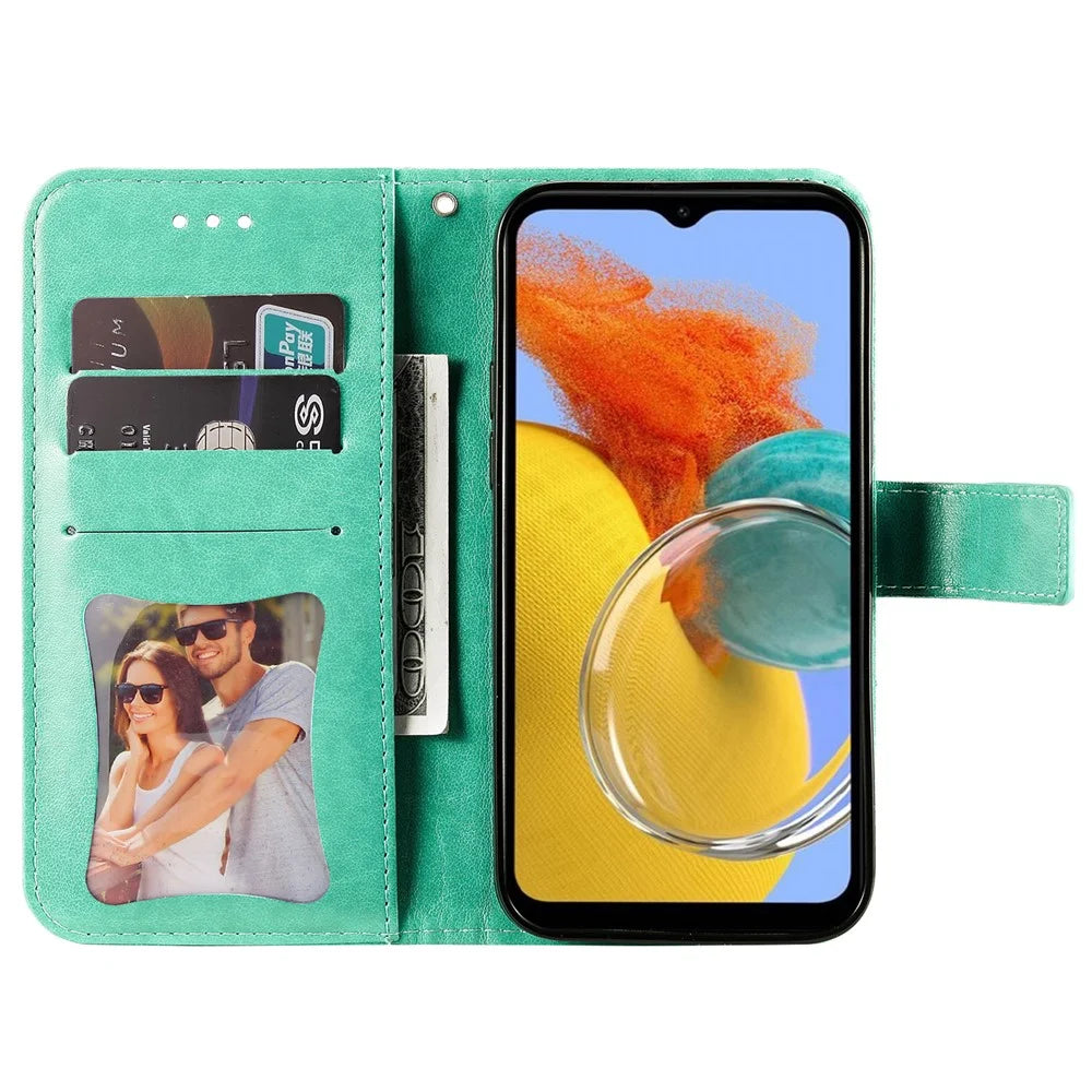 For Samsung Galaxy M14 5G Case Floral Pattern PU Leather Wallet Stand Phone Cover - Green - 2
