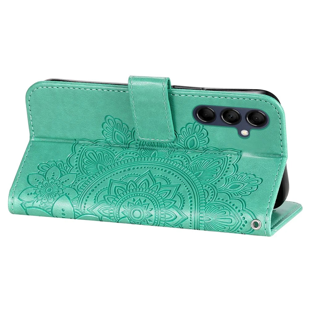 For Samsung Galaxy M14 5G Case Floral Pattern PU Leather Wallet Stand Phone Cover - Green - 3