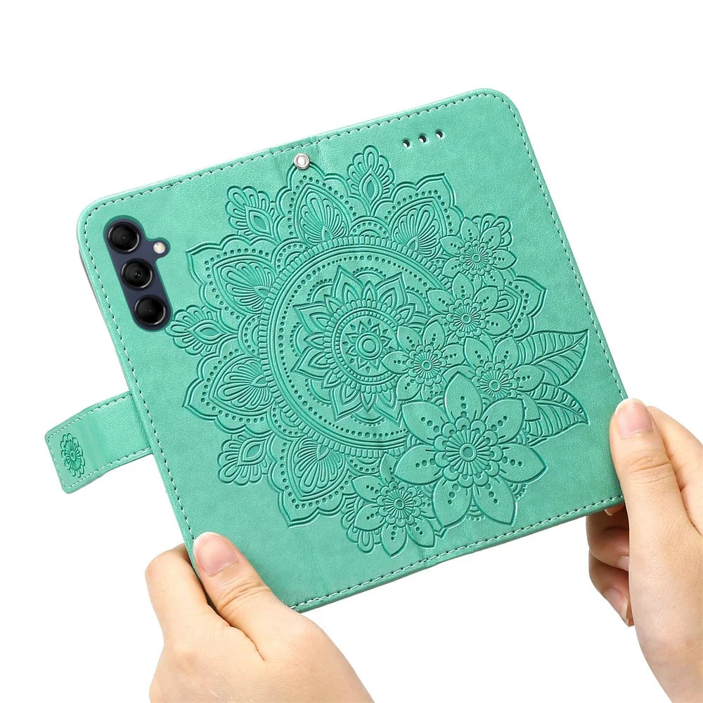 For Samsung Galaxy M14 5G Case Floral Pattern PU Leather Wallet Stand Phone Cover - Green - 5