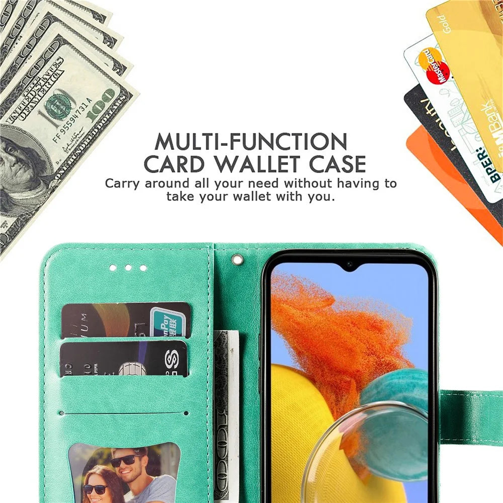 For Samsung Galaxy M14 5G Case Floral Pattern PU Leather Wallet Stand Phone Cover - Green - 7