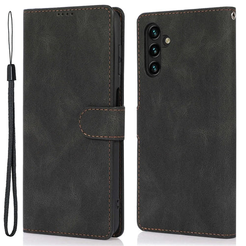 For Samsung Galaxy M14 5G Protective PU Leather Stand Phone Case Wallet Flip Cover with Strap - Black - 1