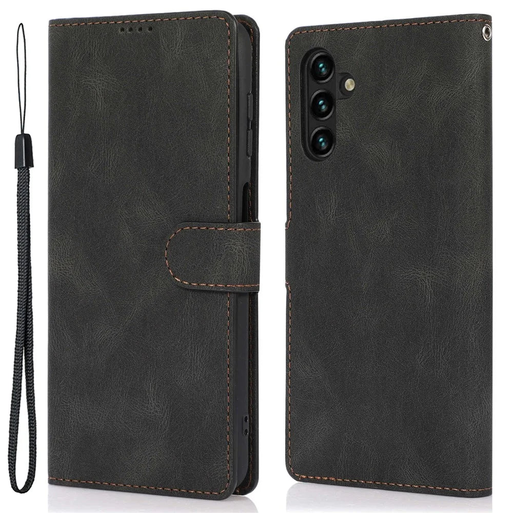 For Samsung Galaxy M14 5G Protective PU Leather Stand Phone Case Wallet Flip Cover with Strap - Black - 1