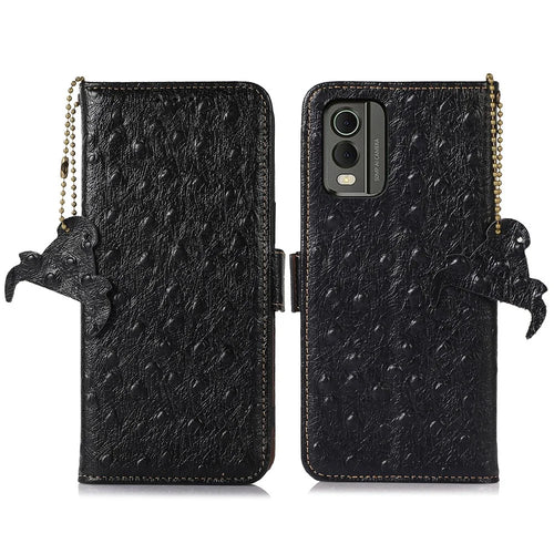 Phone Wallet Case for Nokia C32 , RFID Blocking Genuine Cow Leather Stand Phone Cover - Black - 1