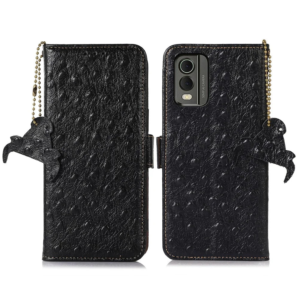 Phone Wallet Case for Nokia C32 , RFID Blocking Genuine Cow Leather Stand Phone Cover - Black - 1