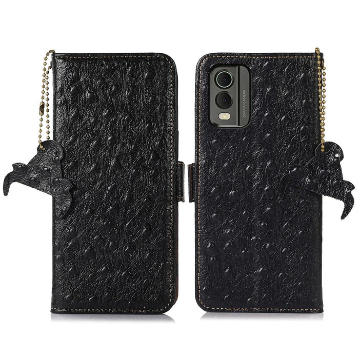 Phone Wallet Case for Nokia C32 , RFID Blocking Genuine Cow Leather Stand Phone Cover - Black - 1