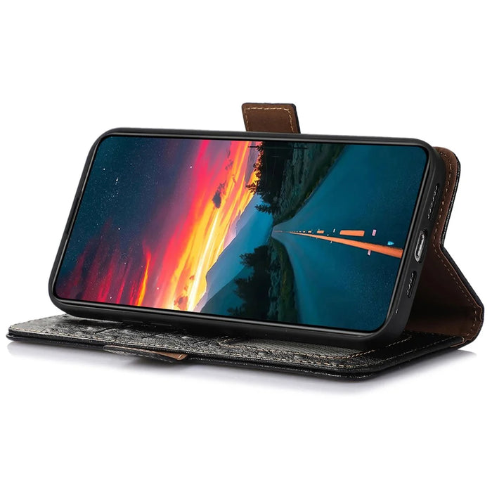 Phone Wallet Case for Nokia C32 , RFID Blocking Genuine Cow Leather Stand Phone Cover - Black - 2