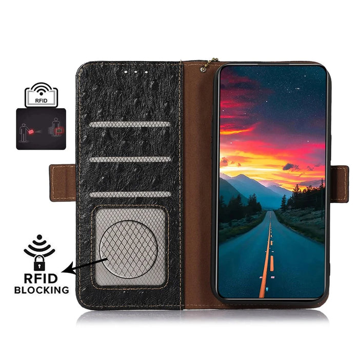 Phone Wallet Case for Nokia C32 , RFID Blocking Genuine Cow Leather Stand Phone Cover - Black - 3