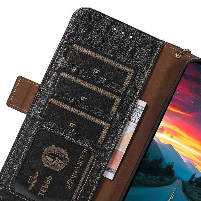 Phone Wallet Case for Nokia C32 , RFID Blocking Genuine Cow Leather Stand Phone Cover - Black - 5