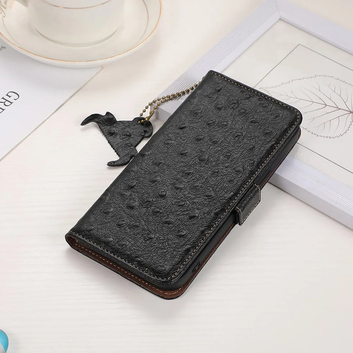 Phone Wallet Case for Nokia C32 , RFID Blocking Genuine Cow Leather Stand Phone Cover - Black - 6