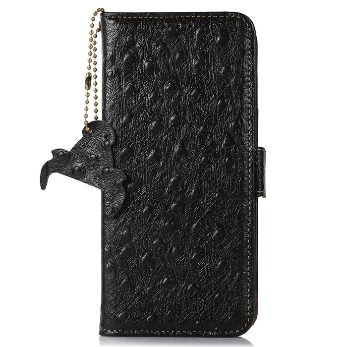 Phone Wallet Case for Nokia C32 , RFID Blocking Genuine Cow Leather Stand Phone Cover - Black - 7