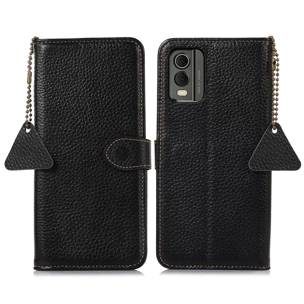 For Nokia C32 RFID Blocking Phone Wallet Case Genuine Cow Leather Stand Cover - Black - 1
