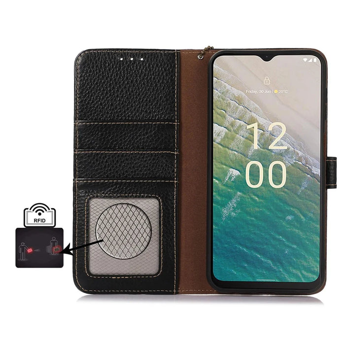 For Nokia C32 RFID Blocking Phone Wallet Case Genuine Cow Leather Stand Cover - Black - 2