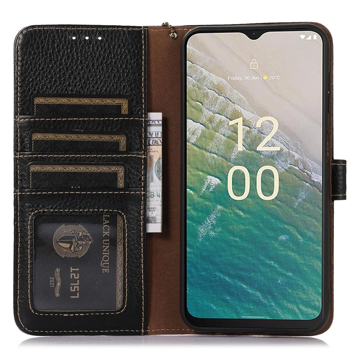 For Nokia C32 RFID Blocking Phone Wallet Case Genuine Cow Leather Stand Cover - Black - 3