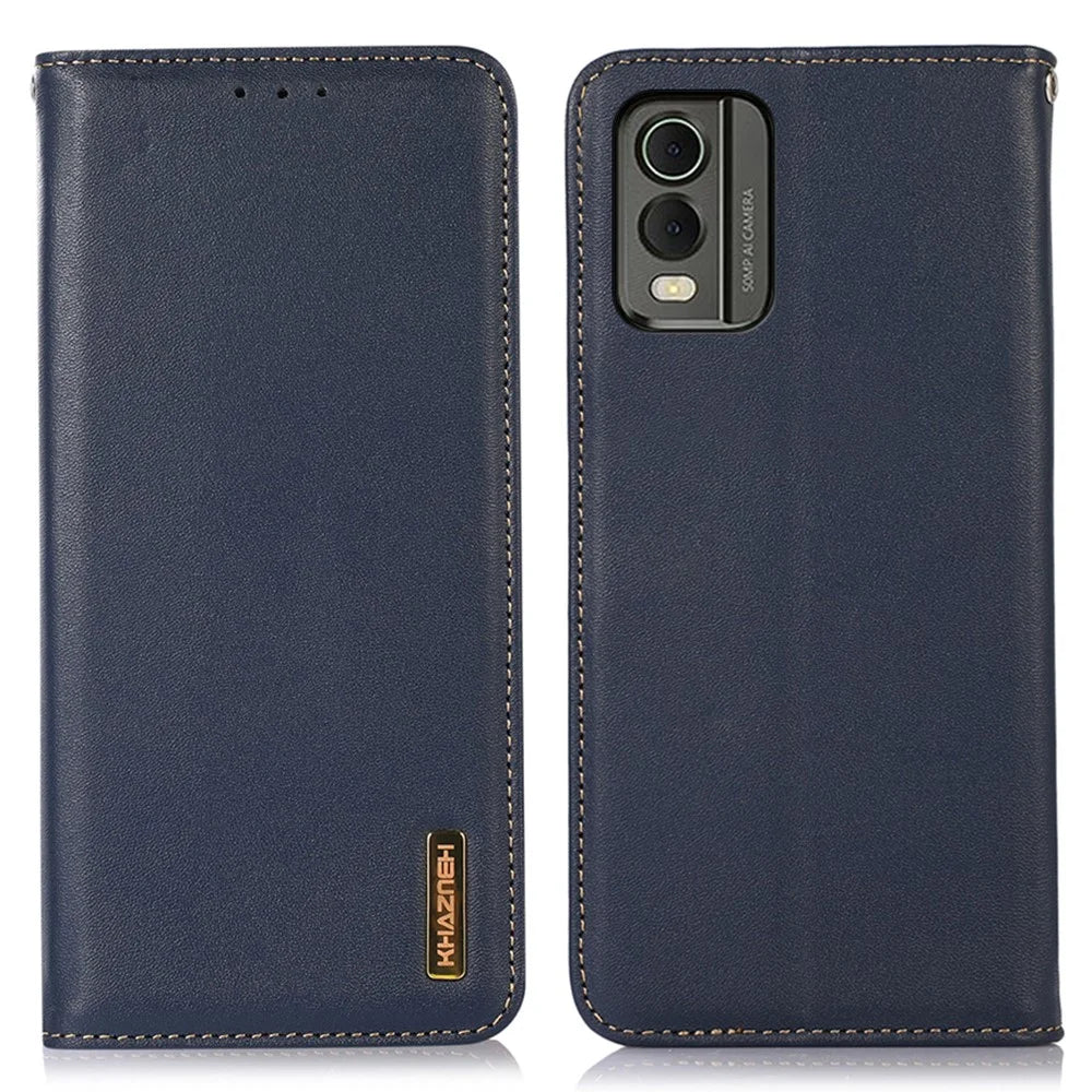 KHAZNEH For Nokia C32 RFID Blocking Case Genuine Cowhide Leather Stand Wallet Phone Cover - Blue - 1