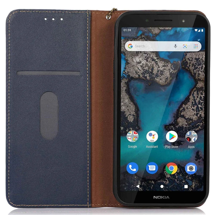 KHAZNEH For Nokia C32 RFID Blocking Case Genuine Cowhide Leather Stand Wallet Phone Cover - Blue - 2