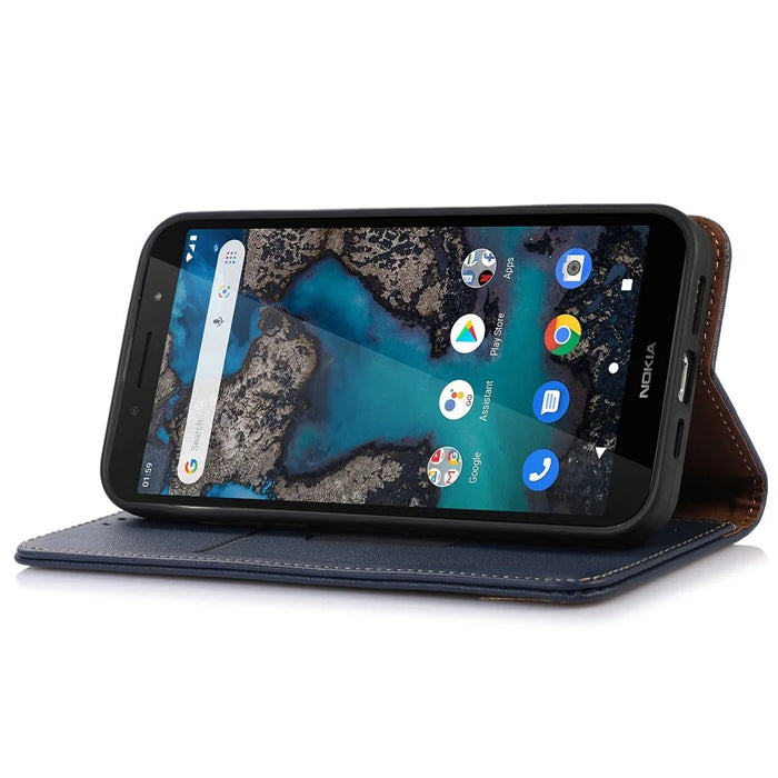 KHAZNEH For Nokia C32 RFID Blocking Case Genuine Cowhide Leather Stand Wallet Phone Cover - Blue - 3